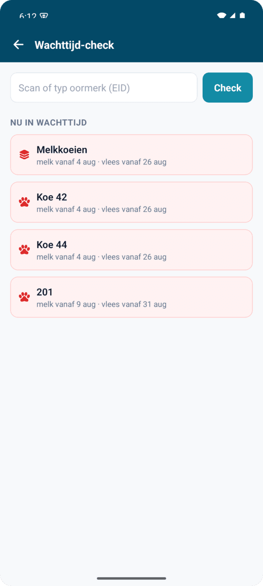 Wachttijd-check in de DokterVeld-app met rode labels bij het koppel melkkoeien en de koeien 42 en 44, inclusief de datums waarop melk en vlees weer geleverd mogen worden