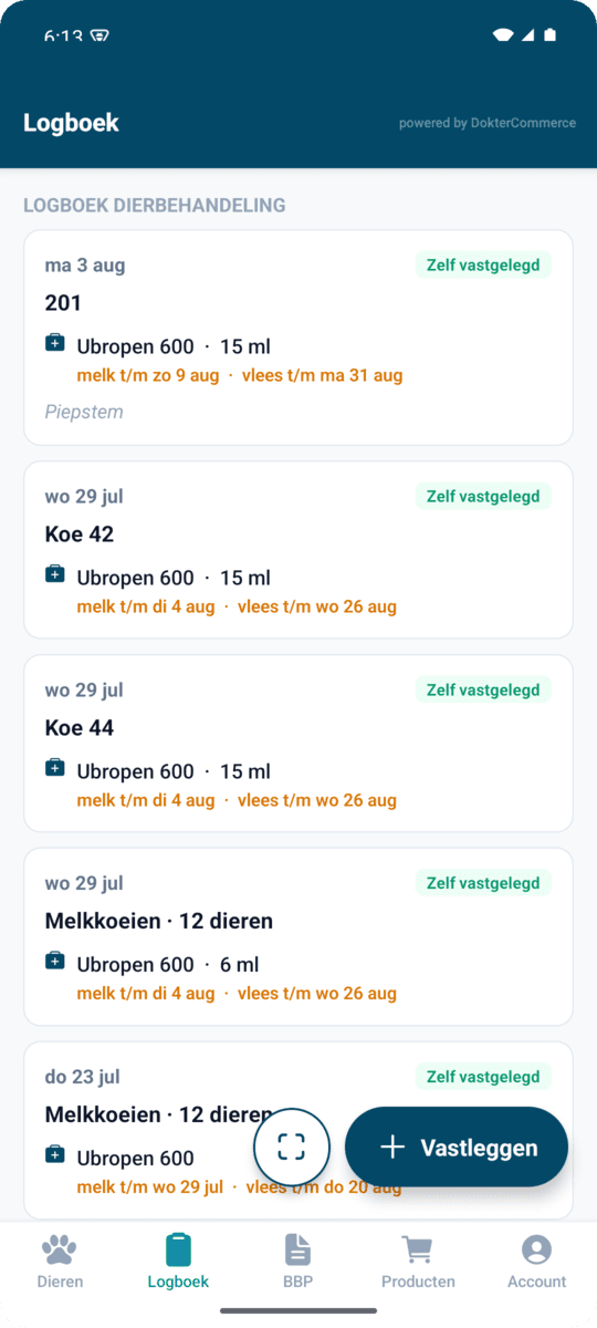 Digitaal logboek dierbehandeling in de DokterVeld-app met per behandeling het middel, de dosering en de wachttijden voor melk en vlees