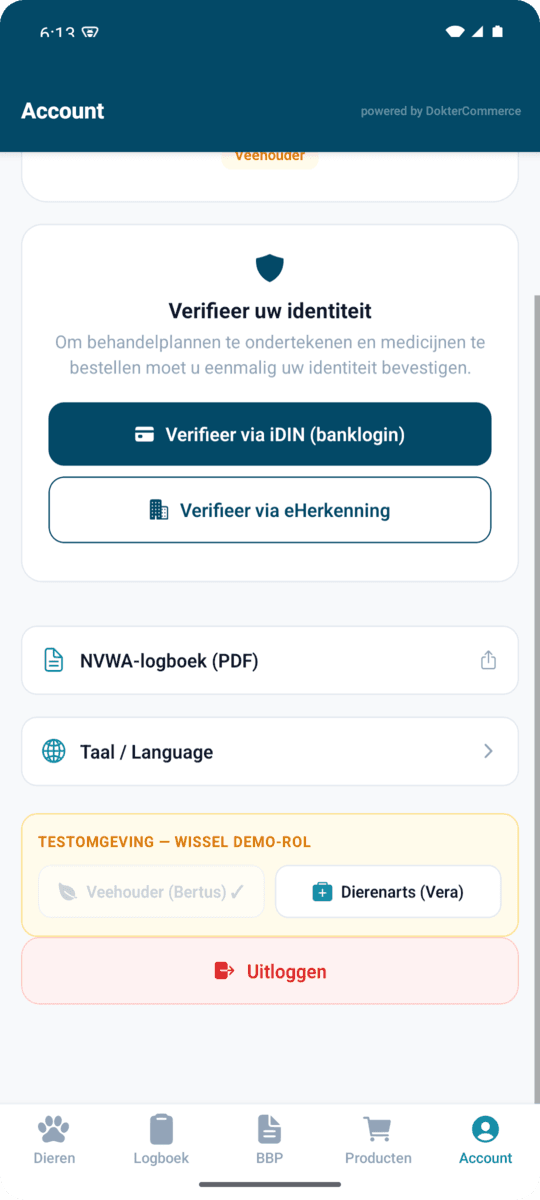 Accountscherm in de DokterVeld-app waarmee de houder het NVWA-logboek als PDF exporteert voor de controleur